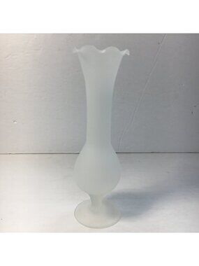 Frosted Glass Bud Vase 7.5" Elegant Home Decor Ruffled Top Scalloped Rim